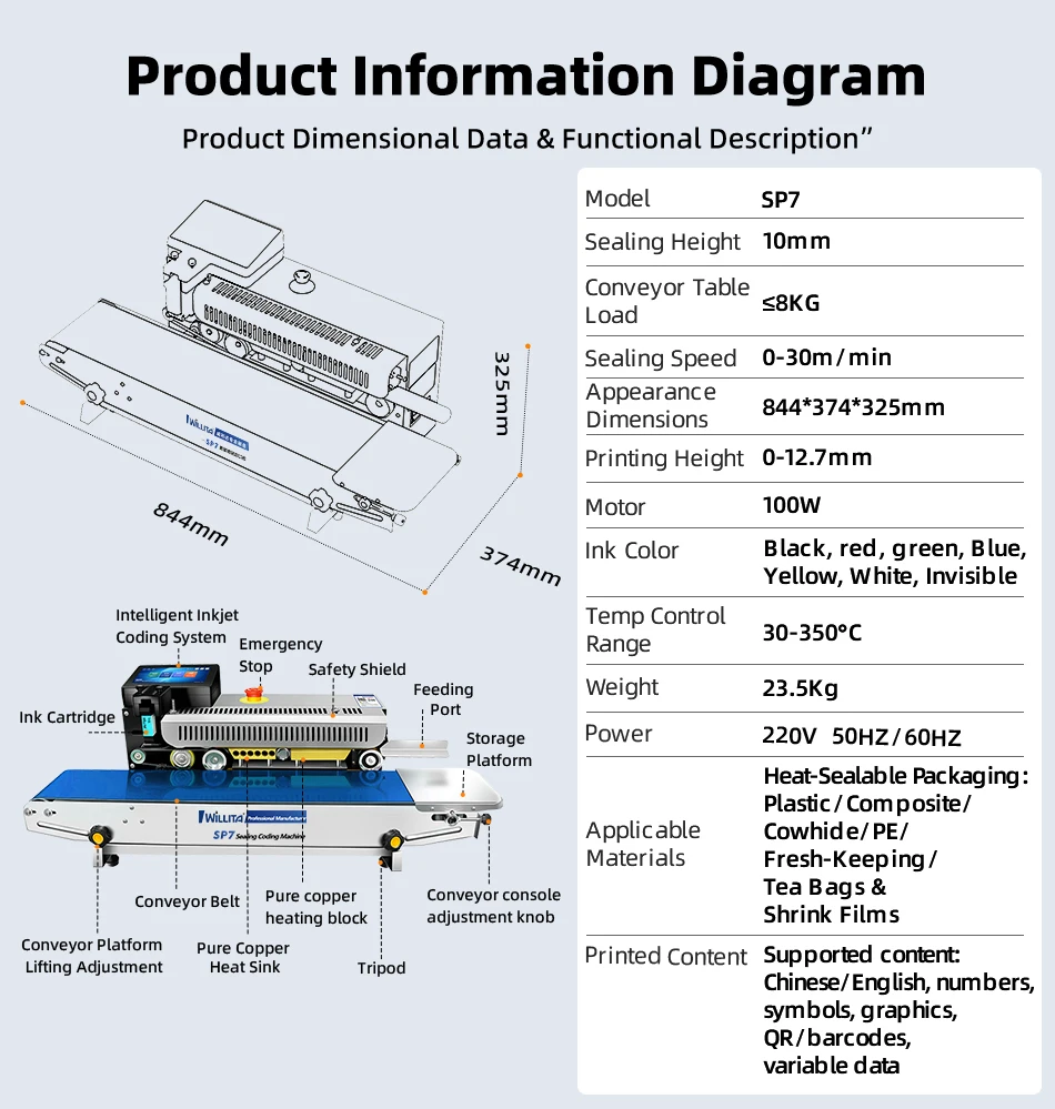 Willita Automatic Horizontal Continuous Ink Jet Printing Printer Code Food Plastic Bag Heat Band Sealer Sealing Machine view 6