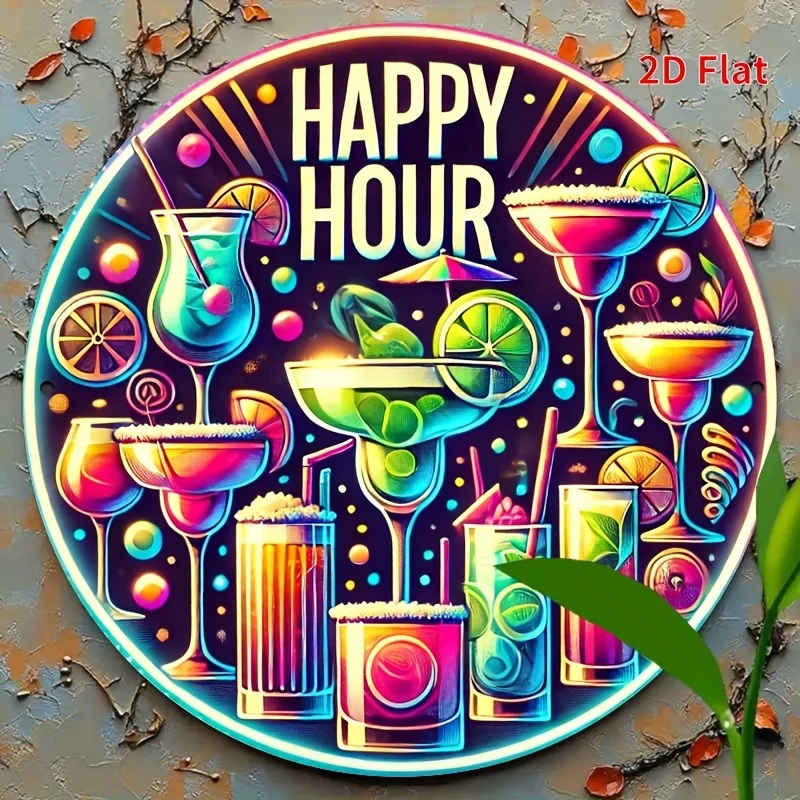 2D Flat, 1pc 8 x 8inch (20 x 20cm) Bar Metal Sign, Vibrant Cocktail and Beverage Wall Decor Sign Retro Style Round Metal Aluminu
