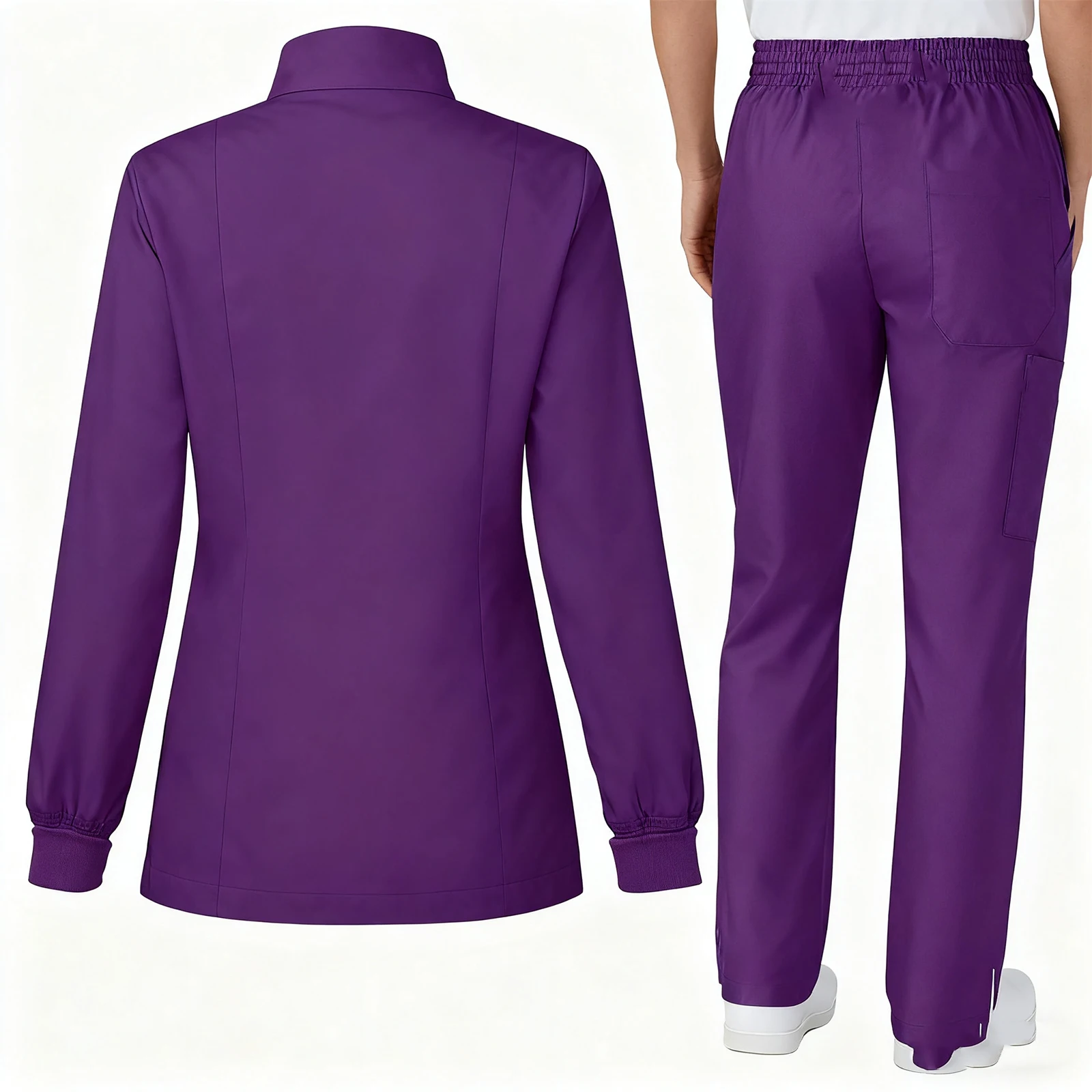 Women's Nurse Scrub Set Stand Collar Long Sleeve Button Front Multi-Color Multi-Pocket Long Pants Cozy Professional Workwear