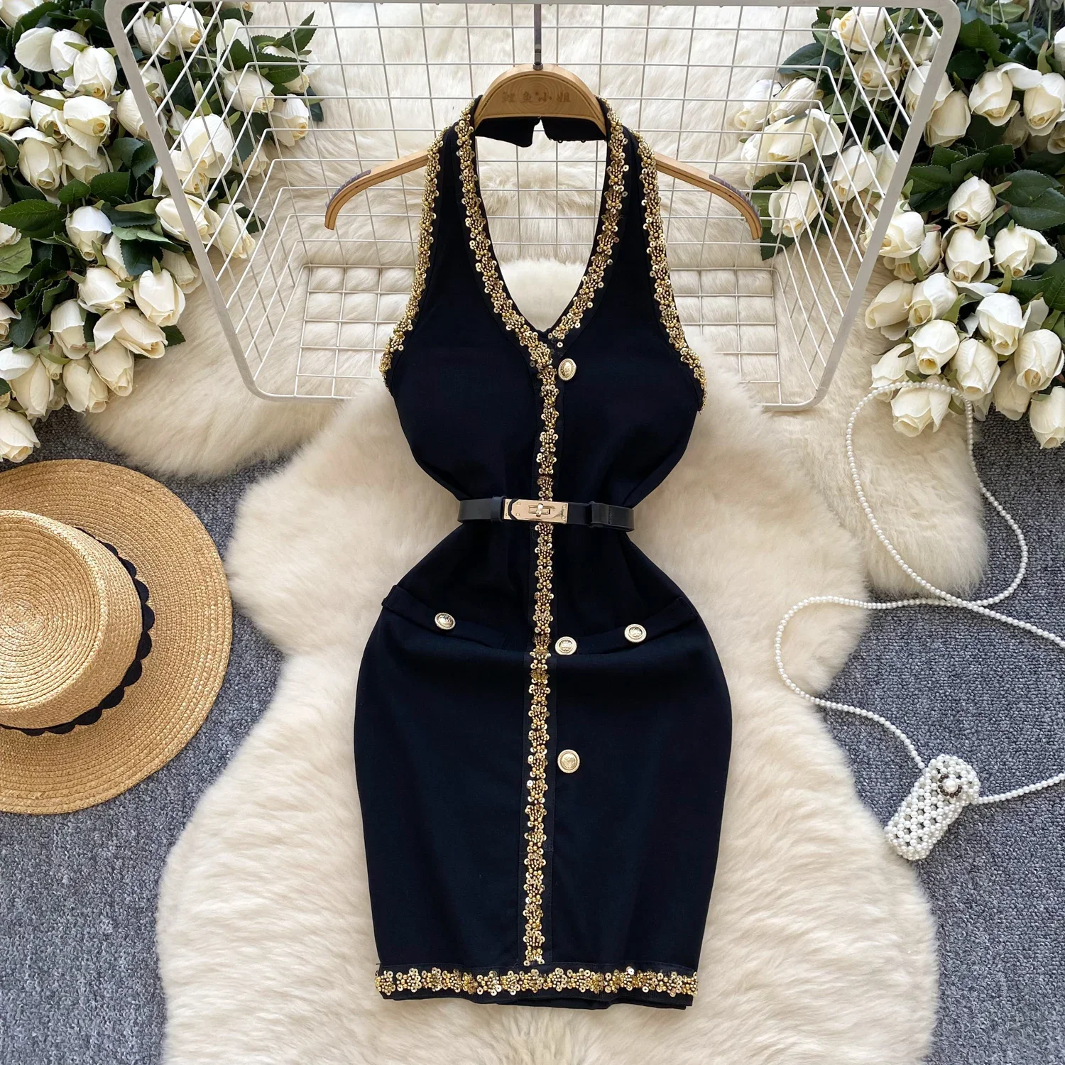 Hotsweet Sequin Embroidered Beads Belt Elegant Backless Halter V-neck Sleeveless Slim Pencil Dresses French High Street Clothing