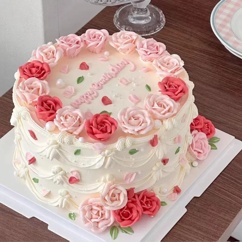 Rose Cream Plastic Simulated Cake Model Decoration Fake Birthday Cake Mould Window Sample Display Ornaments Photography Props
