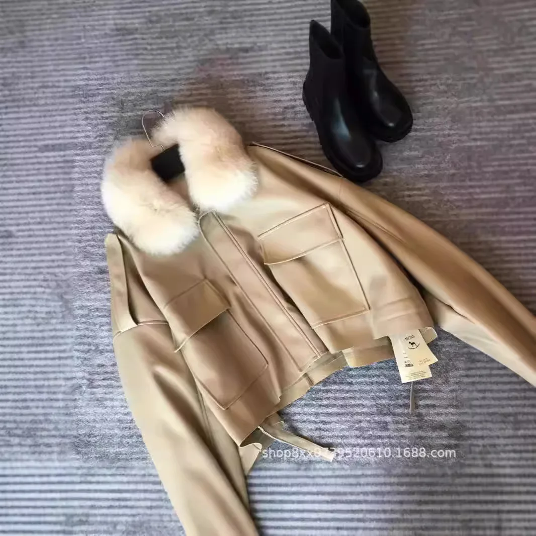 Women Thick Fur Collar Jackets Faux Leather Solid Full Sleeve Zipper Short Coat Streetwear Spliced Thick Jacket Autumn Winter