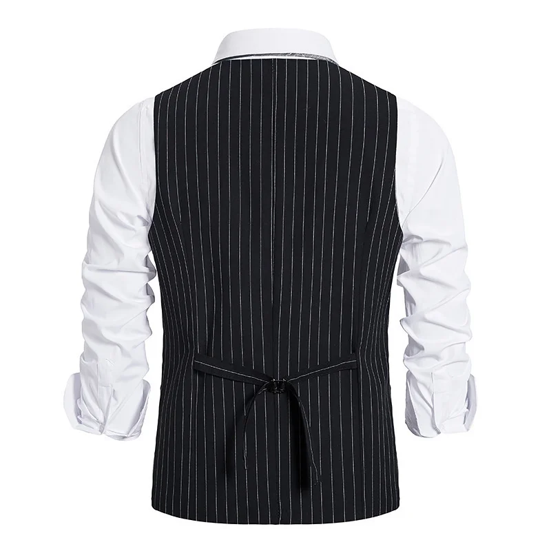 #4840 Vertrical Striped Vests Men V-neck Office Business Vests Single Breasted Vest Regular Fit Men\'s Vest Pockets Black Grey