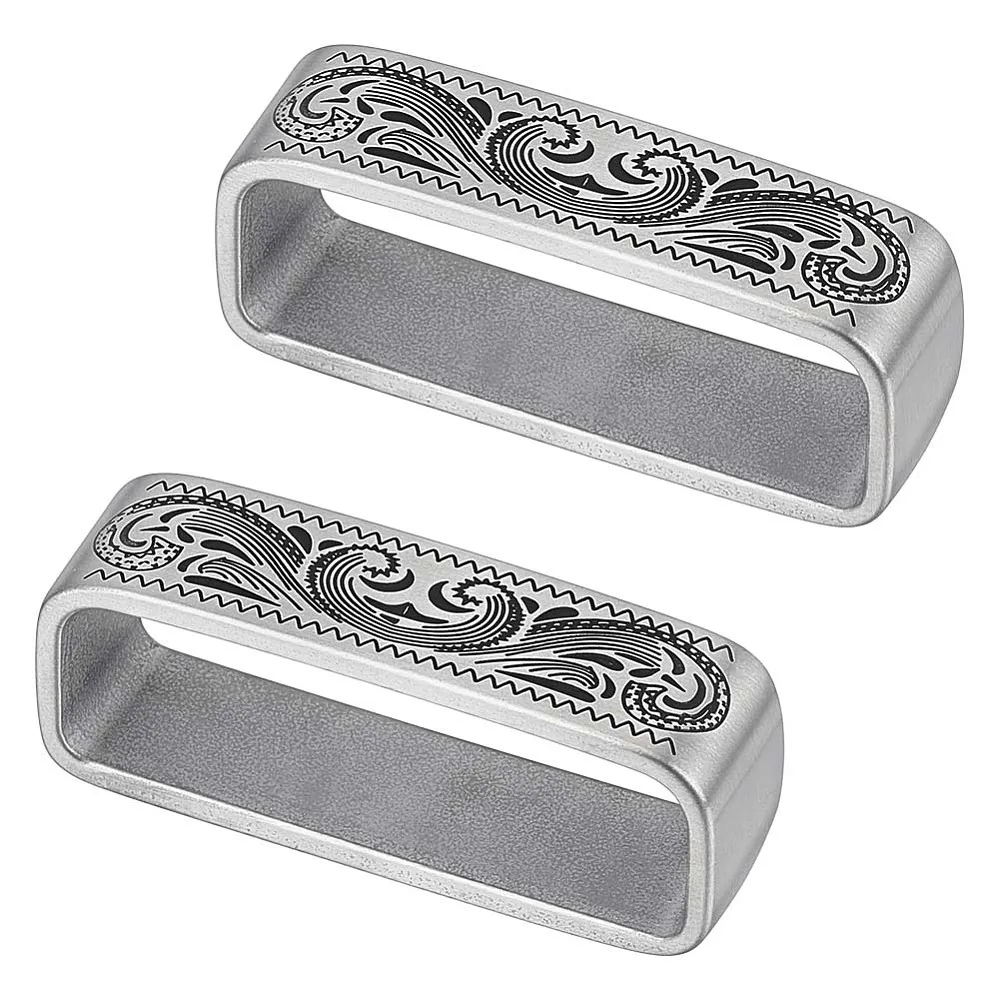 2Pcs 304 Stainless Steel Belt Keeper Rings for Men's Belt Buckle Accessories Rectangle with Pattern Antique Silver 45x12x17mm