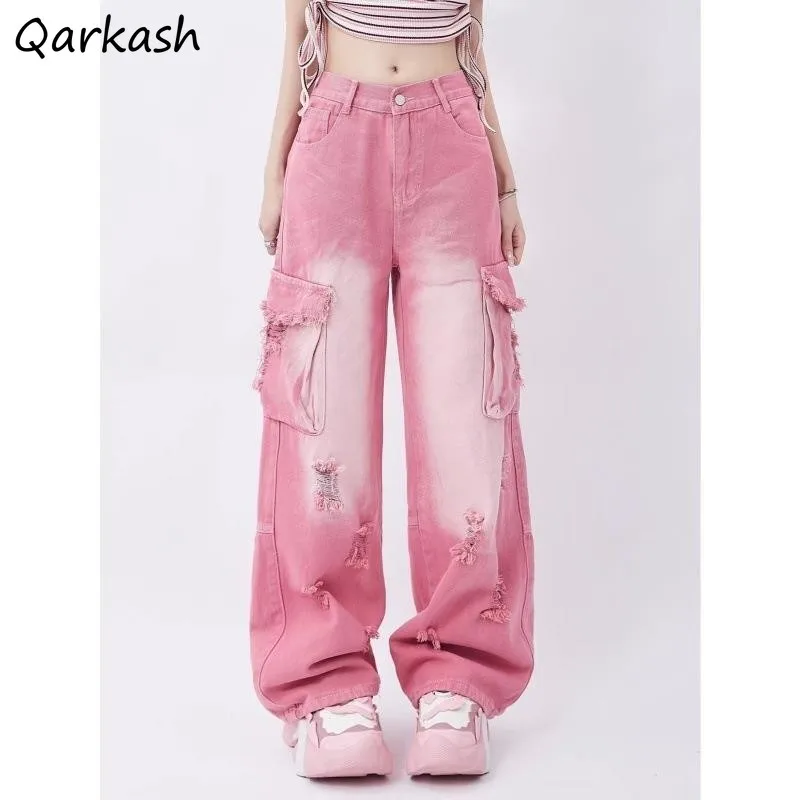 

Dopamine Pink Ripped Jeans Women Full Length High Waist Wide Leg Loose Harajuku Y2k Pockets Chic Streetwear S-4XL Female Mujer