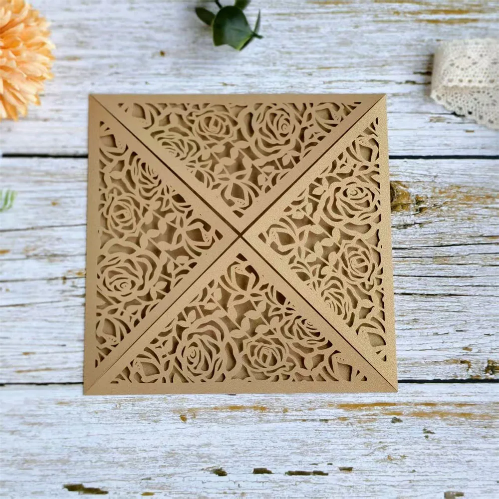 

Champagne Gold Laser Cut Invitation Jacket with Envelope For Wedding Engagement Birthday Custom Printing 50 sets