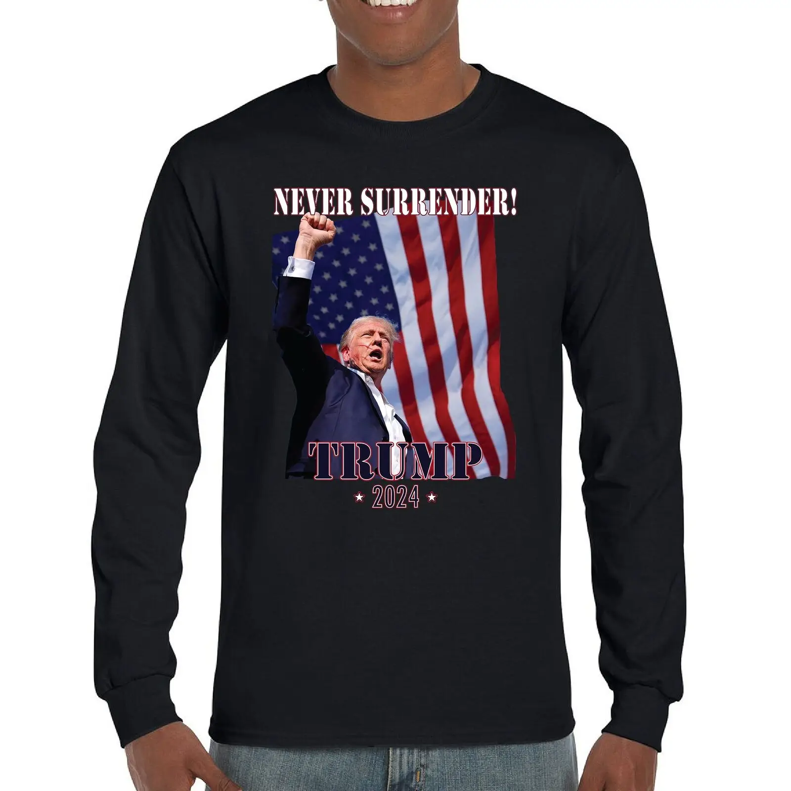 

Never Surrender Trump 2024 Long Sleeve T-shirt President MAGA Rally America FJB