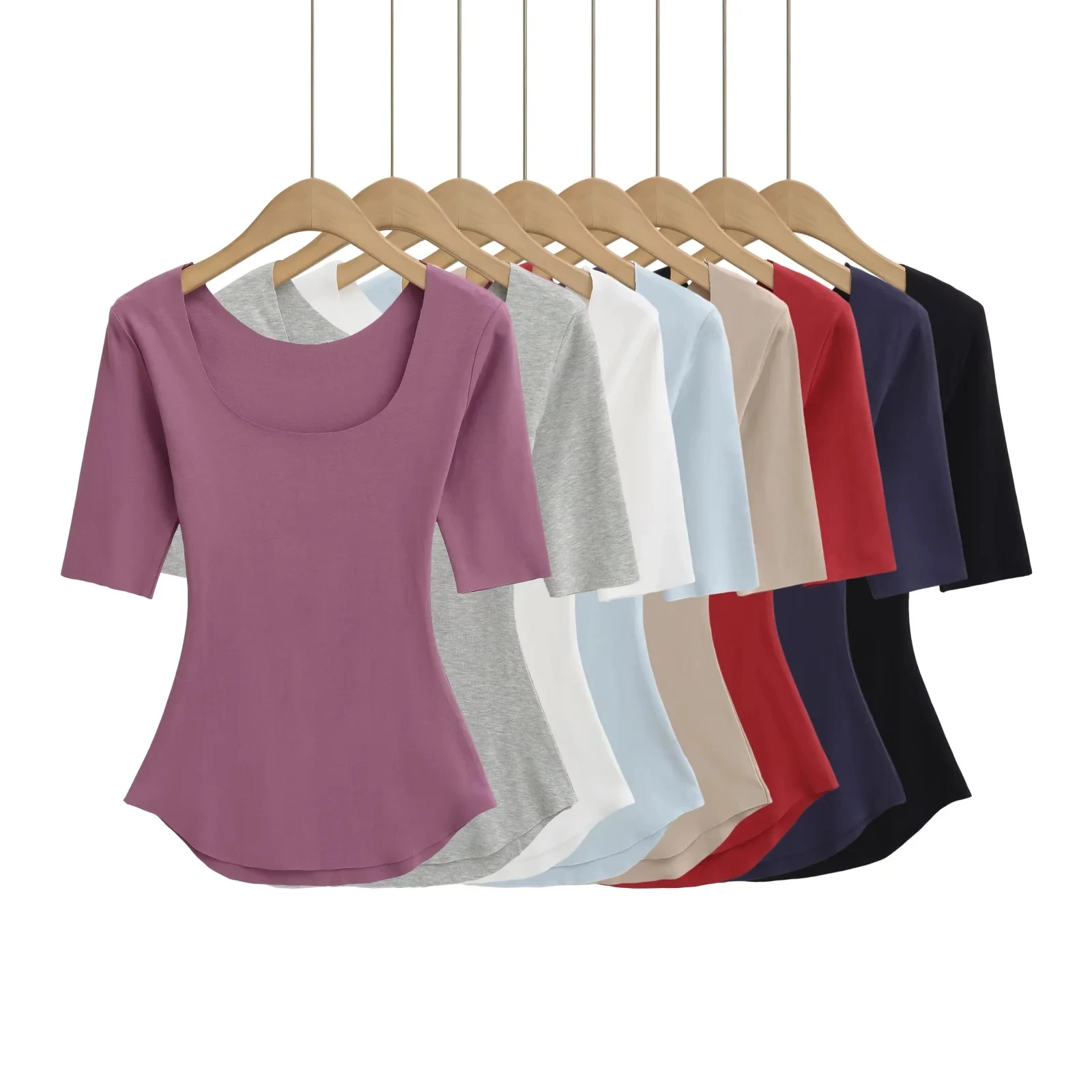 Retro American Sexy Slim Fit U-Ne Mask T-Shirt Damen Taille Cinching Bot Hem Arc Sve Mittellange Basis irt