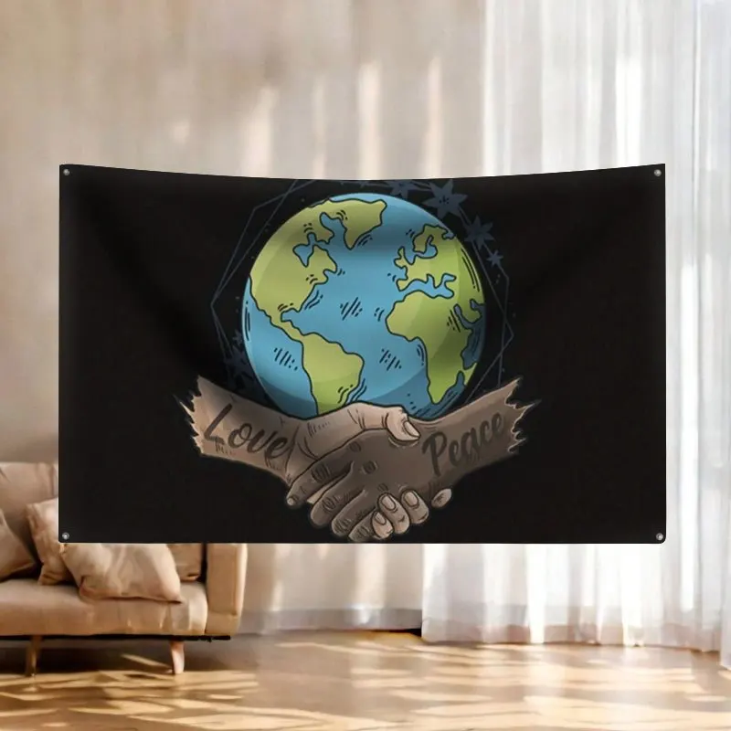 Global Peace Love Earth Banner Tapestry Decoration Flag Art Wall Hanging Gift Home Decor With 4 rings Symbol