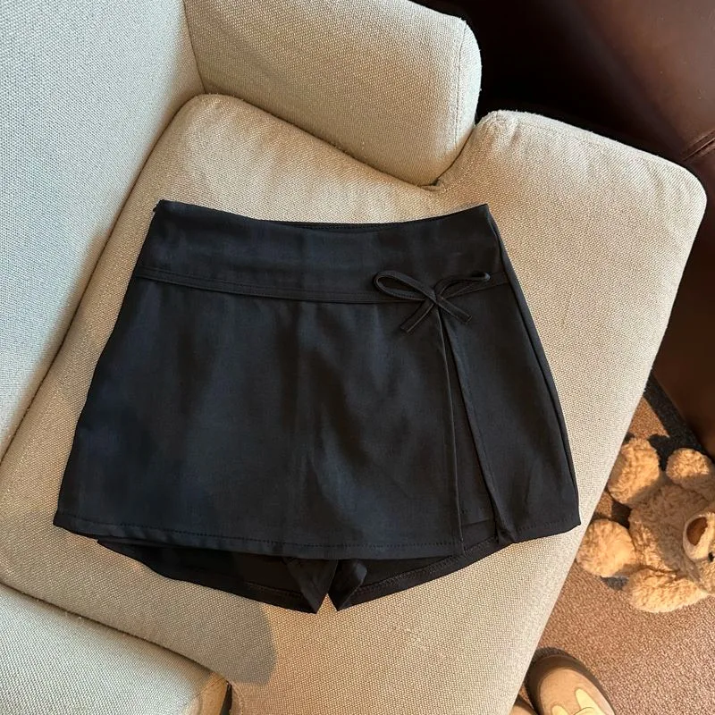 Koreanischer Schleifenrock mit hoher Taille, A-Linie, für Damen, Sommer 2026, Wickelrock mit Schlitz, Shorts, einfarbig, schlankmachender Anzug, Minirock – Detail 7