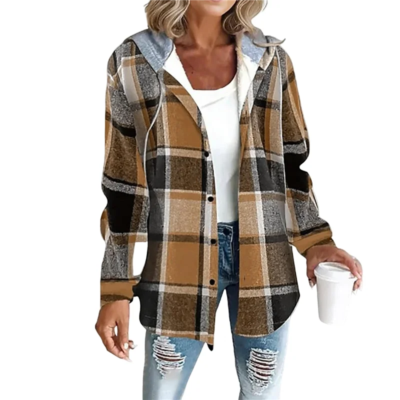 

Женские клетчатые рубашки на пуговицах, куртка с длинными рукавами, толстовка с капюшоном на флисовой подкладке, повседневная модная блузка, топ-A55G