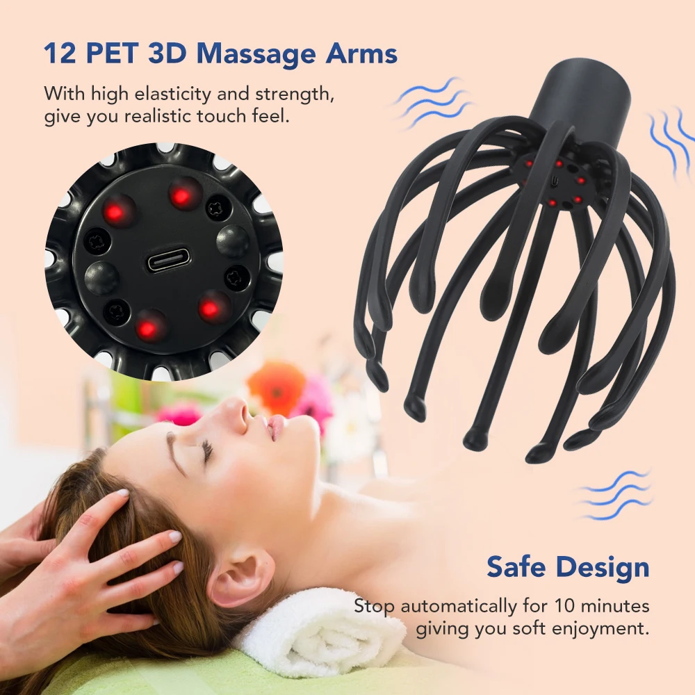 Head Massager Electric Octopus Claw Scalp Stress Relief Therapeutic Scratcher Hair Stimulation Hands-Free USB Rechargeable