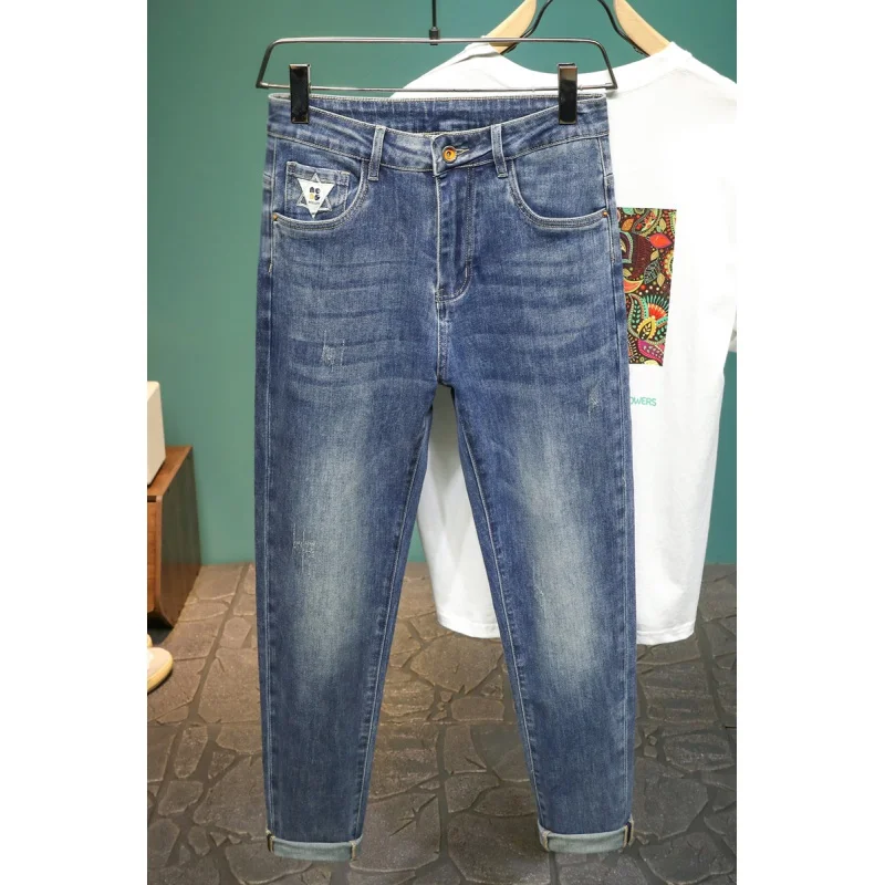 Spring/Summer 2024 Vintage Blue Men's Jeans New Korean Fashion Brand Printed Embroidered Slim Casual Trousers