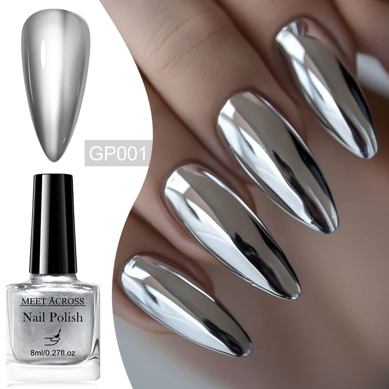 MEET ACROSS 8ml Red Silver Mirror Metallic Nail Polish Natural Dry No Need Lamp DIY Nail Art Painting Polish Long Lasting Design