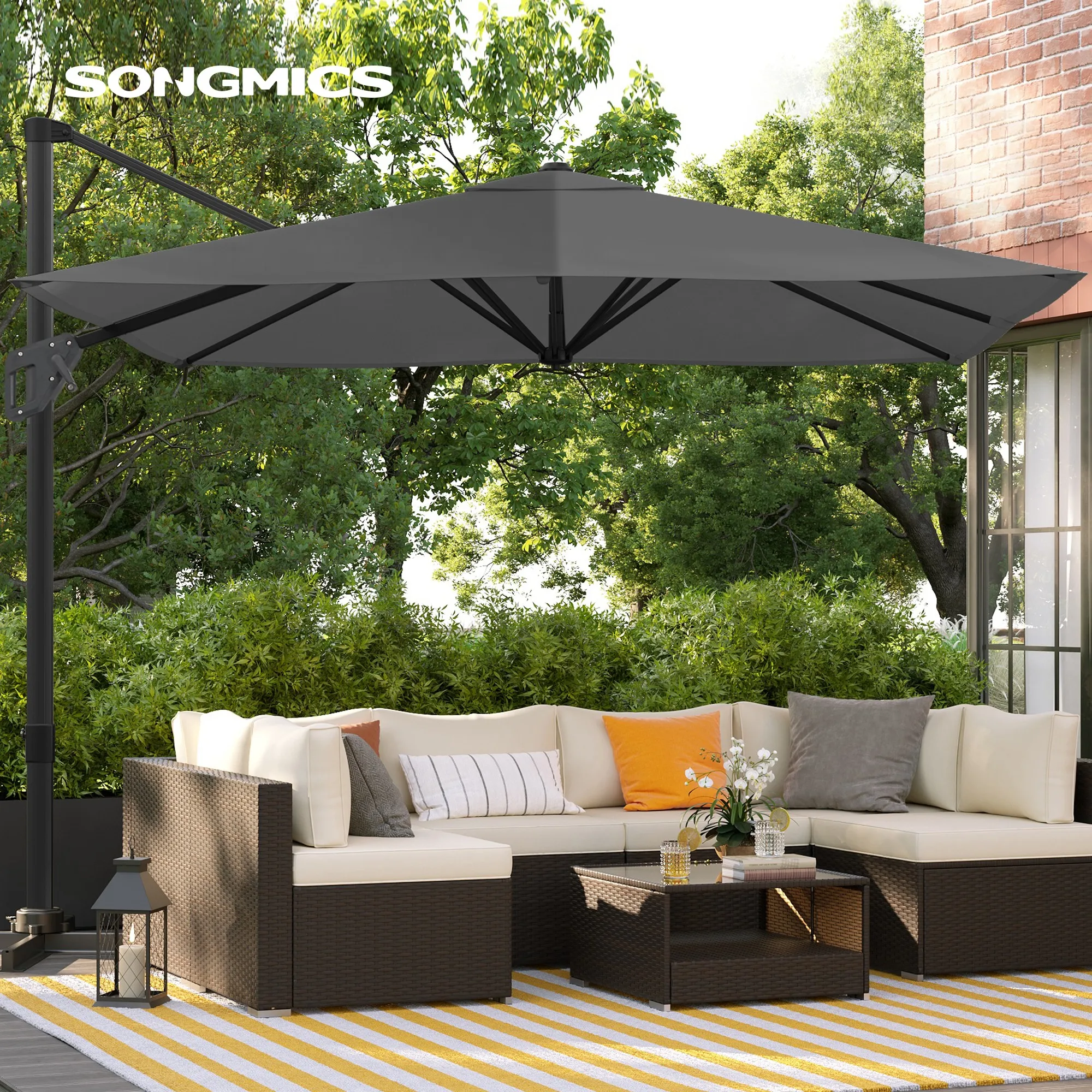 SONGMICS 3 x 3 m Cantilever Garden Parasol, UPF 50+ Patio Umbrella, 360° Swivel, Tilt, Crank, Cross Base, Grey