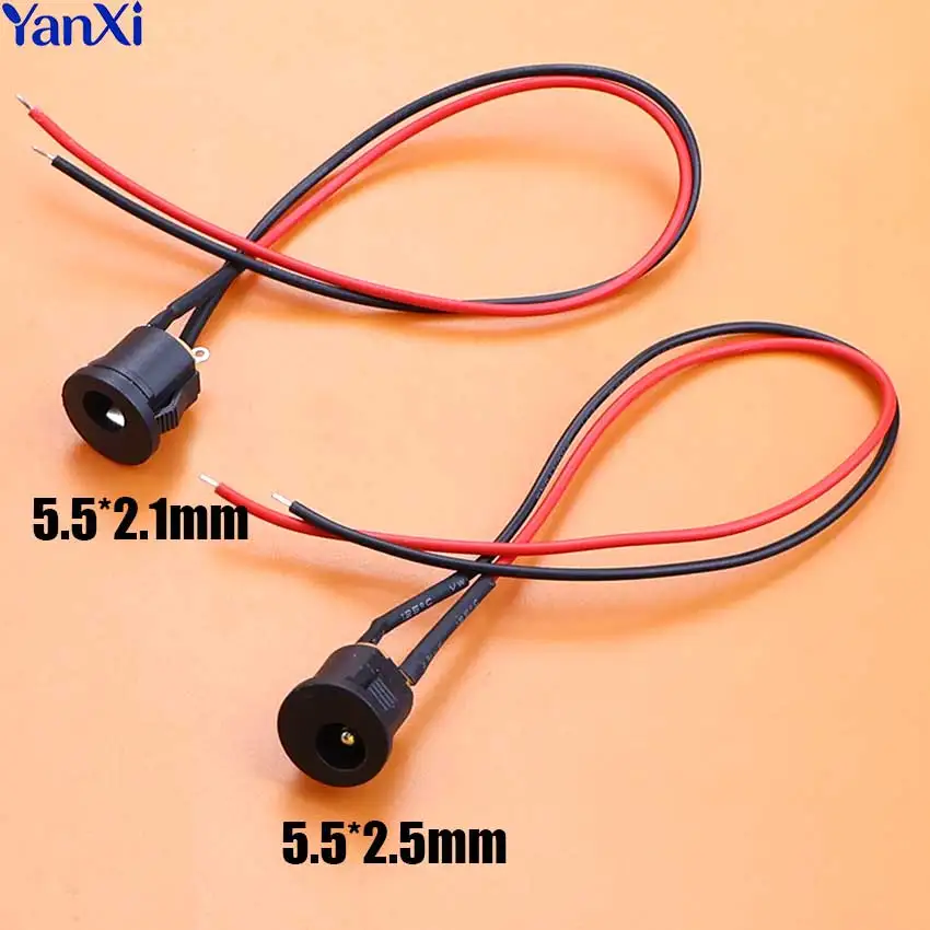 5pcs 5.5*2.1mm 5.5x2.5mm Circular Snap Fit DC Power Jack Socket Female Panel Mount Connector Charging Port With 20cm DIY Cable