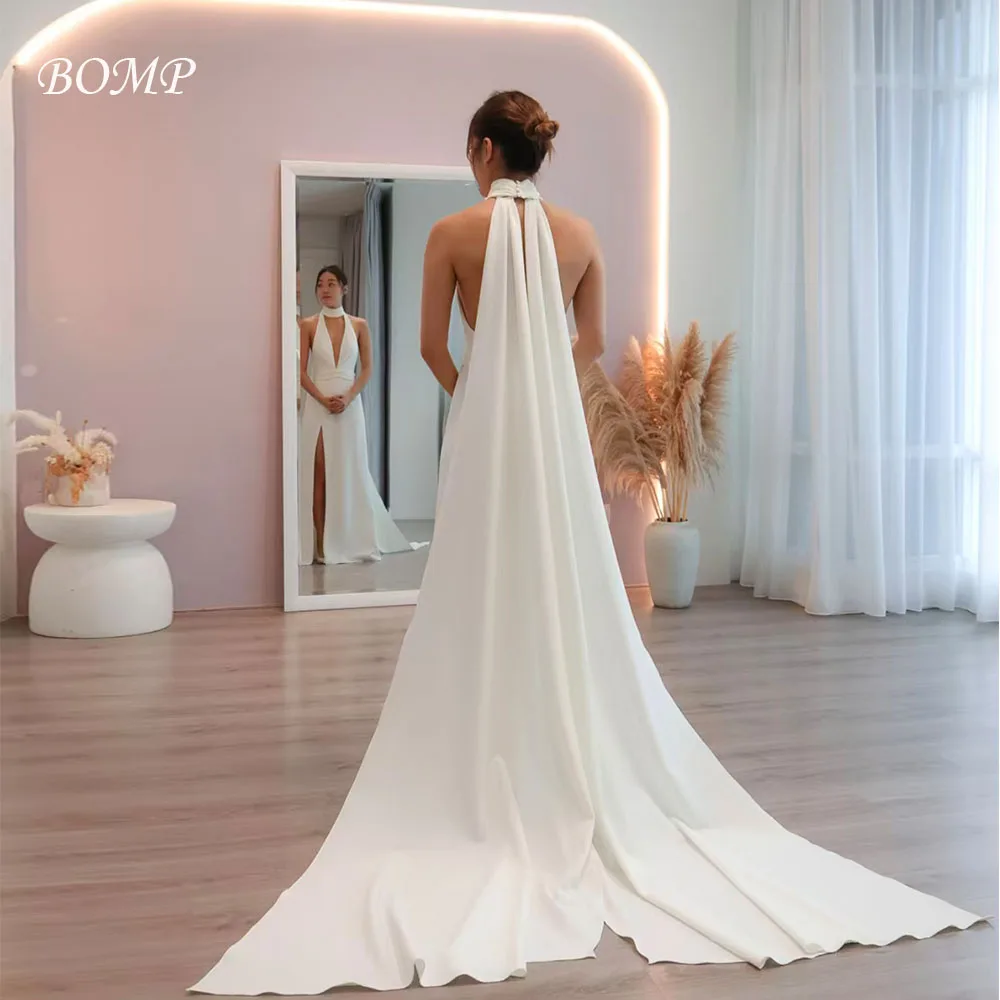 BOMP Elegant Wedding Dress Halter Cut Out Backless Mermaid Side Slit Sweep Train Ivory Satin Bridal Gown Customized Simple