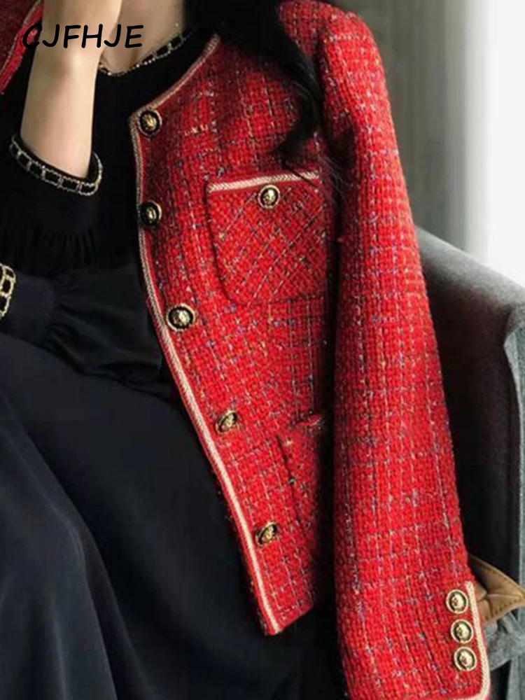 CJFHJE Red Tweed blazer donna nuovo autunno inverno allentato o-collo monopetto giacca donna stile coreano elegante signora cappotti