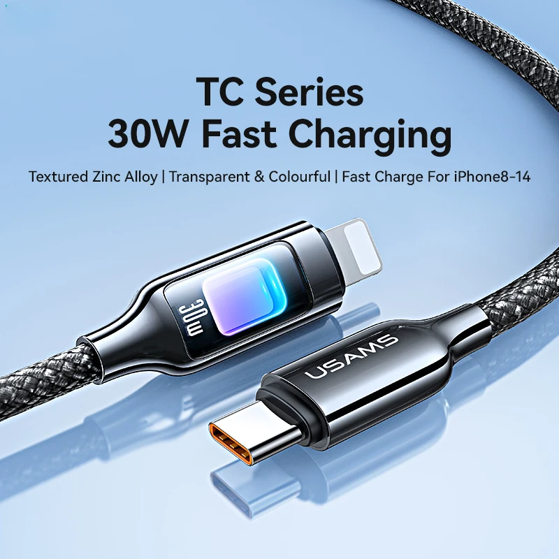 USAMS PD 30W Type C Cable for iPhone 14 Pro Max Fast Charging for Apple Devices for iPhone 13 12 ~iPhone 8 C to Lightning Cable