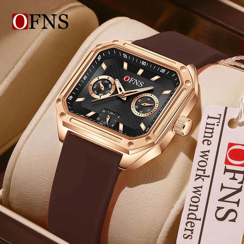 

OFNS1161 Square Quartz Watch for Men and Women, Six Needle Date Multifunctional Watch 3ATM Waterproof Luminous Silicon Tape