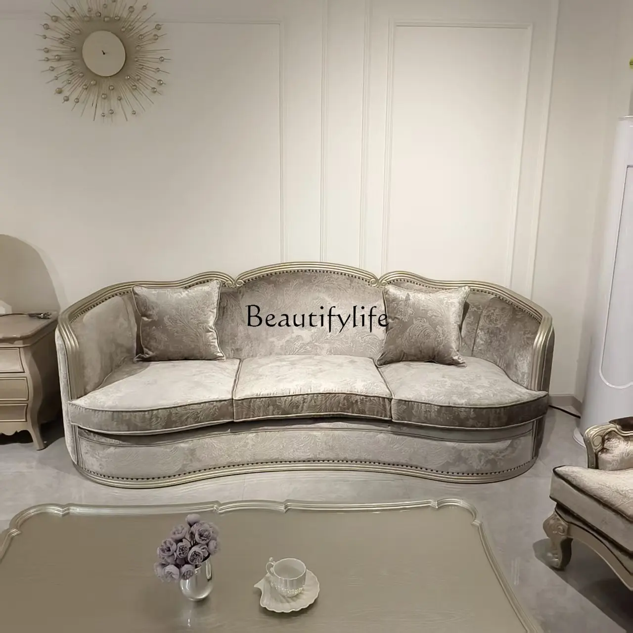 

New American retro solid wood fabric sofa French retro luxury villa