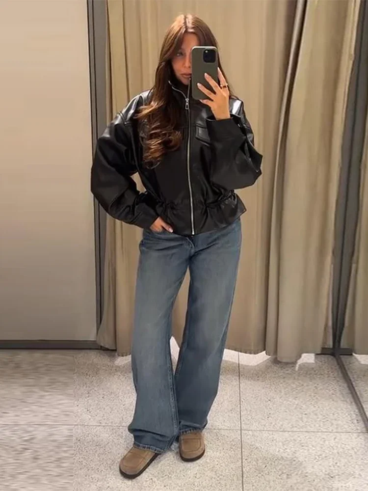 Chic Women's Faux Leather Jacket Stand Collar Zip Drawstring Waist Cropped Hem Flap Patch Pockets Long Sleeve New Street Outerwe
