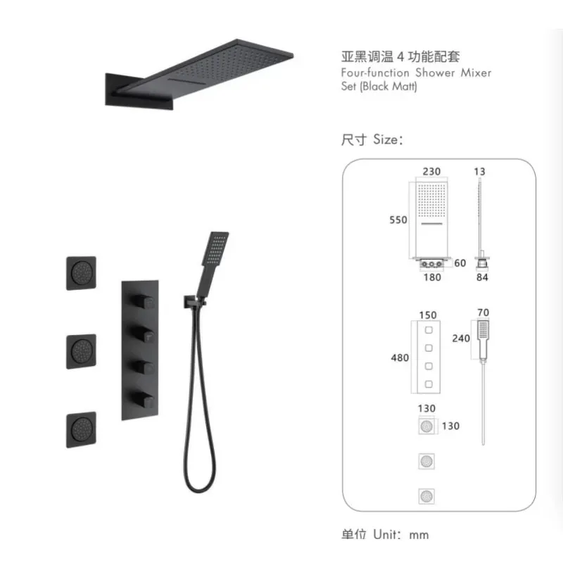 

Shower System Shower Set Brass Square Personal Massager Four Function Rainfall Waterfall Luxury Bathroom In-wall Matt Black