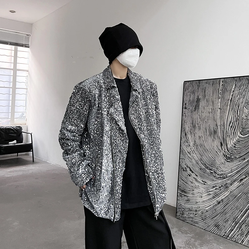 

iny Sequin Reflective Jaet for Men And Women Concert Stage Performance Outerwear Youth Faion Polyester Long Sve Zipper
