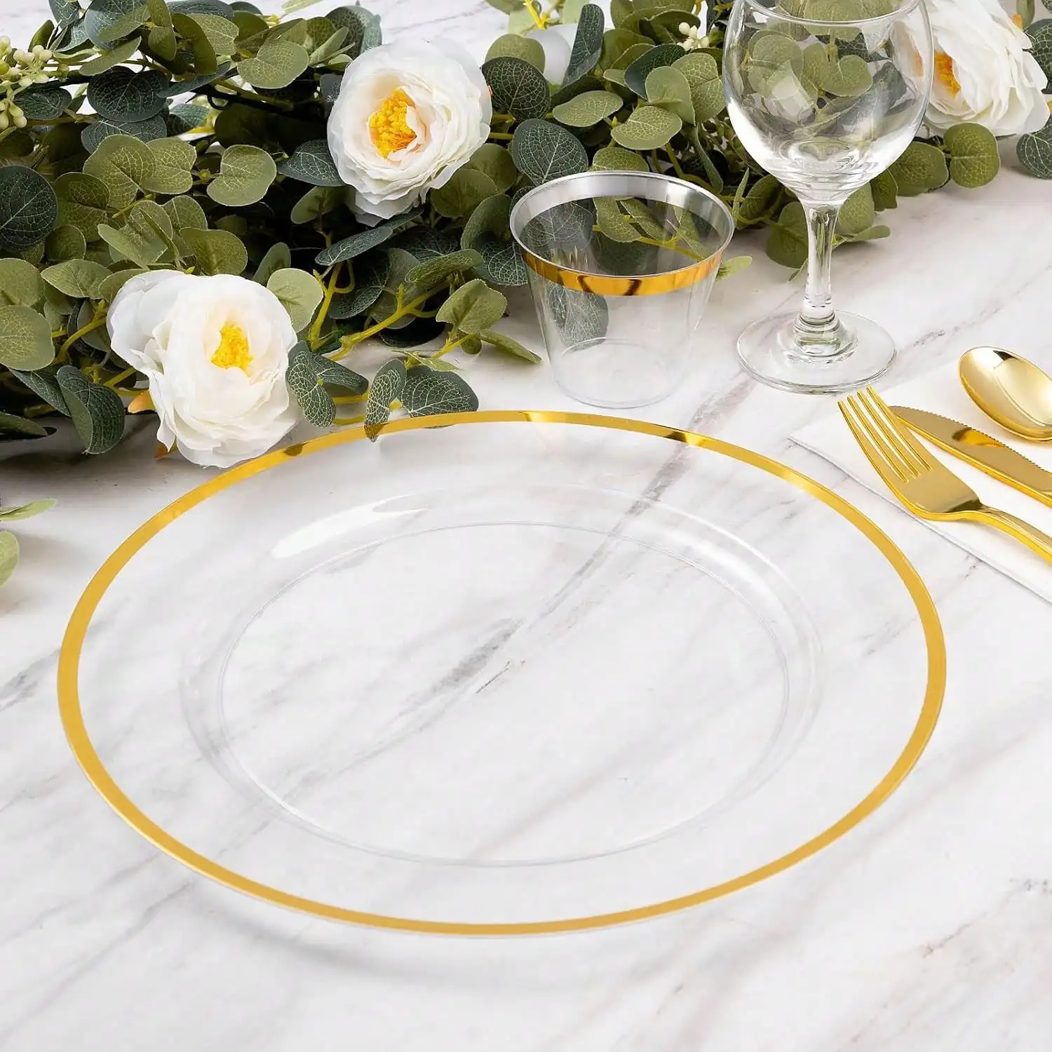 25 Pack Reusable Plastic Clear Charger Plates With Gold Rim, 12-Inch, For Dinner, Wedding, Party, Event Table Decoration, Clear&Gold