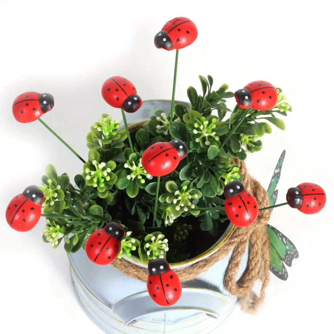 Wooden Ladybug Decorative Garden Stakes Garden Decoration Outdoor Yard Decor Easter Festival Decoration Office Home Decor 10pcs