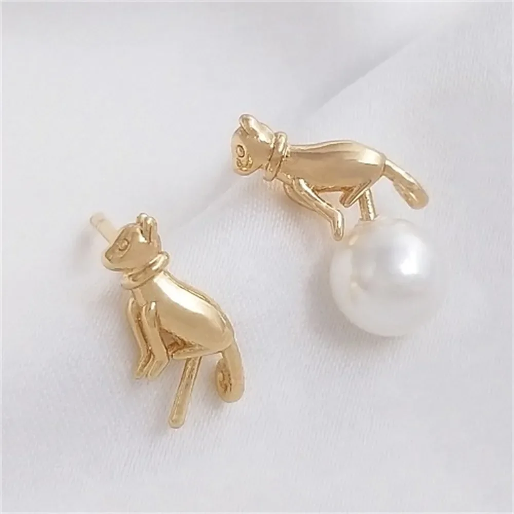 14K Gold-plated Cat Earrings with Half-hole Beading 925 Silver Needle Beading Handmade Diy Pearl Jewelry Accessories E145