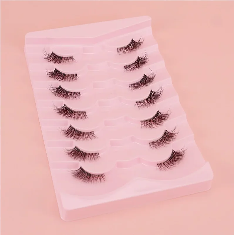 Heißer Verkauf 7 Paar Wimpern mit transparentem Stiel, längliche, gekreuzte, dicke, lockige falsche Wimpern