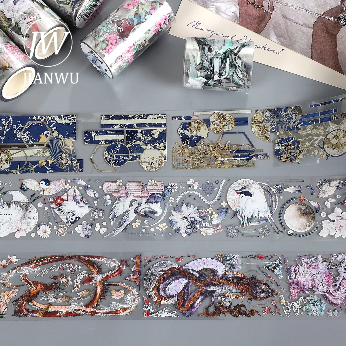 JIANWU 500cm Vintage Ancient Style Character Flower Landscaping Material Collage PET Tape Creative DIY Journal Stationery