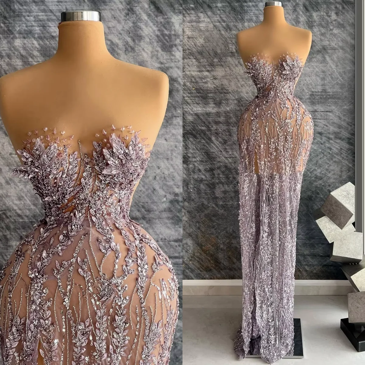 Illusion Sequins High Slit Evening Dresses Sexy Strapless See Through Mermaid Prom Gowns Beaded Birthday Party Customized