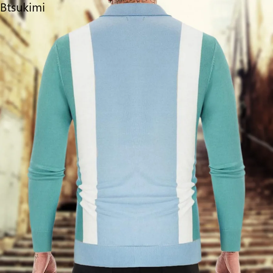 Spring Autumn New Men's Knitwear Sweater Trend Patchwork Contrast Long Sleeve Knit Tops Cardigan Man Business Casual Polo Shirts