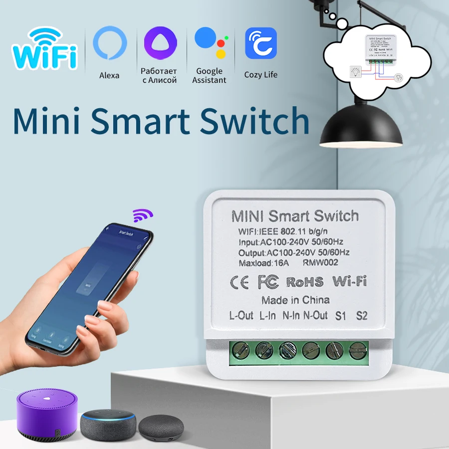 16A 20A Mini Wifi Smart Switch 2 Way Control Breaker Module Smart Home Cozylife APP Remote Control Works with Alexa Google Home