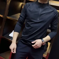 Men Trendy Half Zipper Business Casual Sports Joggers Outdoor Basic T-shirt Comfortable Stand Collar Black Long Sleeve Slim Tops