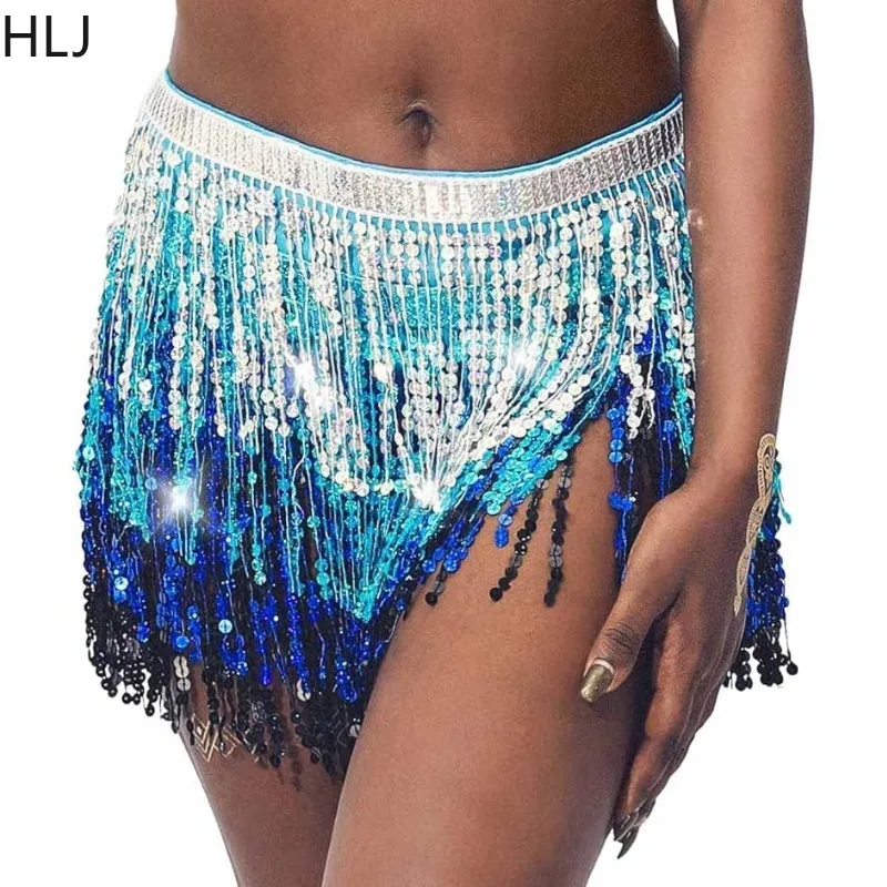 HLJ Sexy Sequin Fringe Skirt Women High Waist Lace Up Tassel Belly Dance Skirts Fashion Sparkling Party Club Rave Bottoms 2024