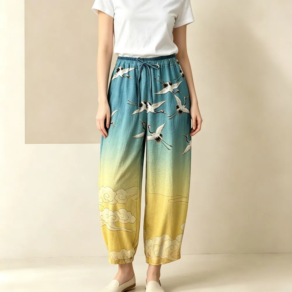 Women Cotton Oriental Crane Print Harem Jogger Pants Elastic Drawstring Waist Loose Ankle Cuff Baggy Casual Trousers Lounge Pant