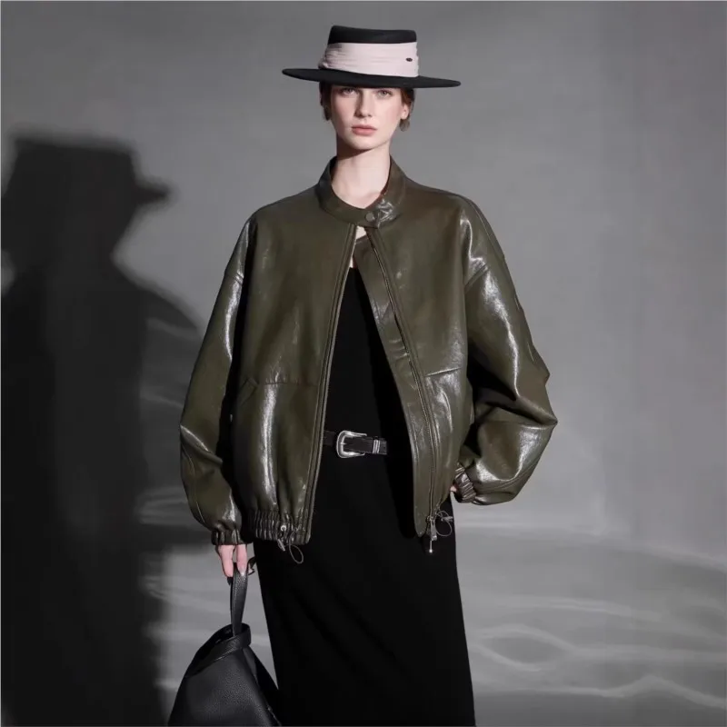 Motorcycle style leather for women new stand-up collar versatile short coat
