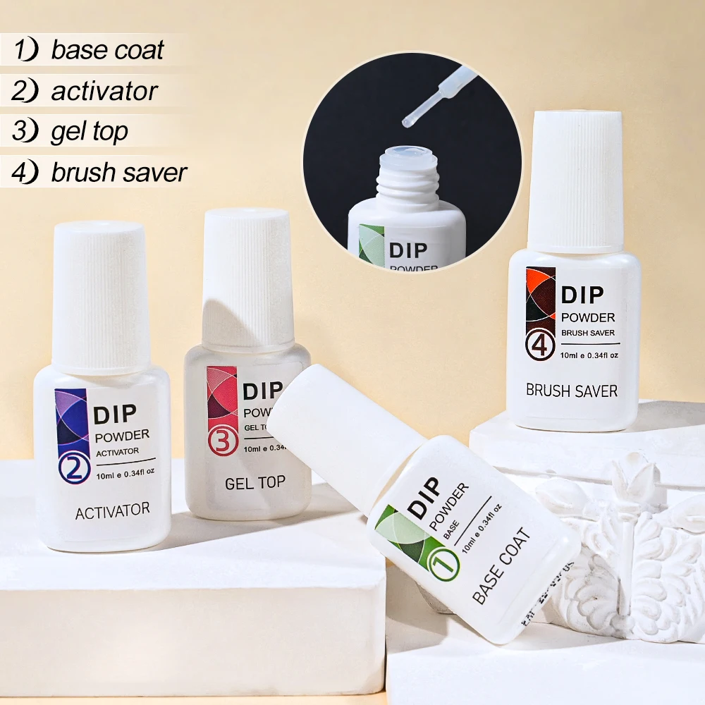 Conjunto de pó líquido para imersão, 4*10ml, base de passo, casaco/ativador/parte superior do gel/protetor de escova, pó de imersão, acrílico, manicure, gel, esmalte natural seco