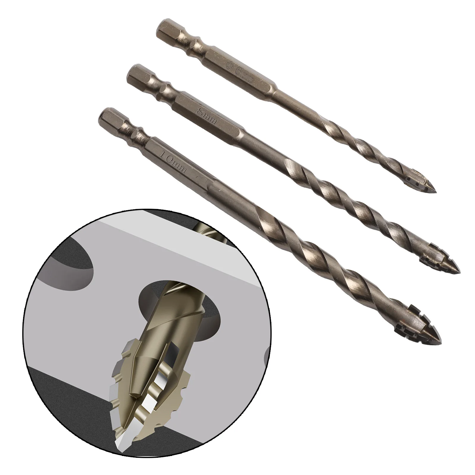 3pcs Four-Flute Eccentric Drill Drilling Glass Tile Punching Triangle Drill Bit 6mm 8mm 10mm  Punching Diameter Drill Bit