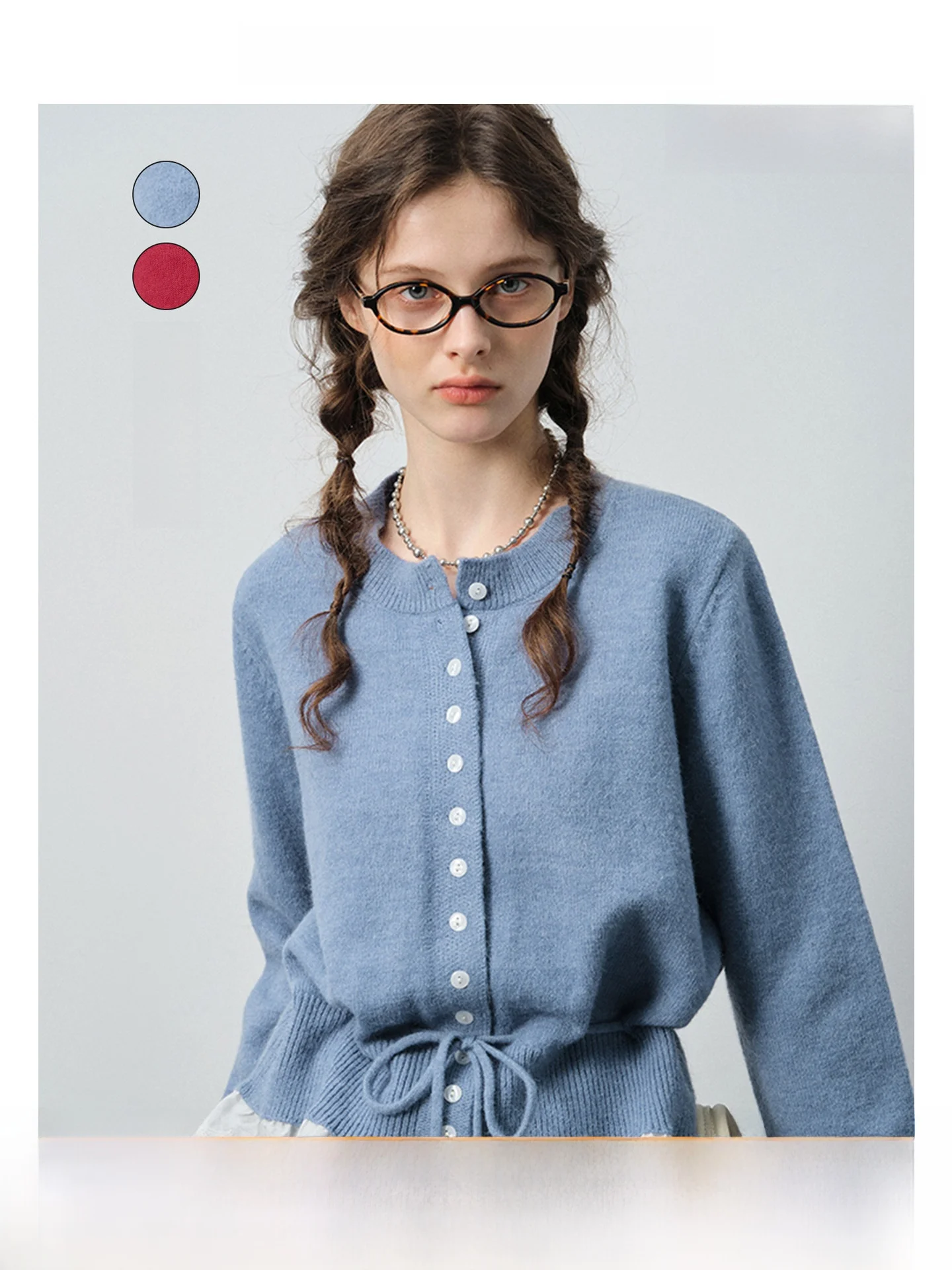 

VEGA CHANG Knitted Sweater Women's round Ne Open Cardigan Dstring Lace Trim Top Spring Faion Ele Straight Cut Long...