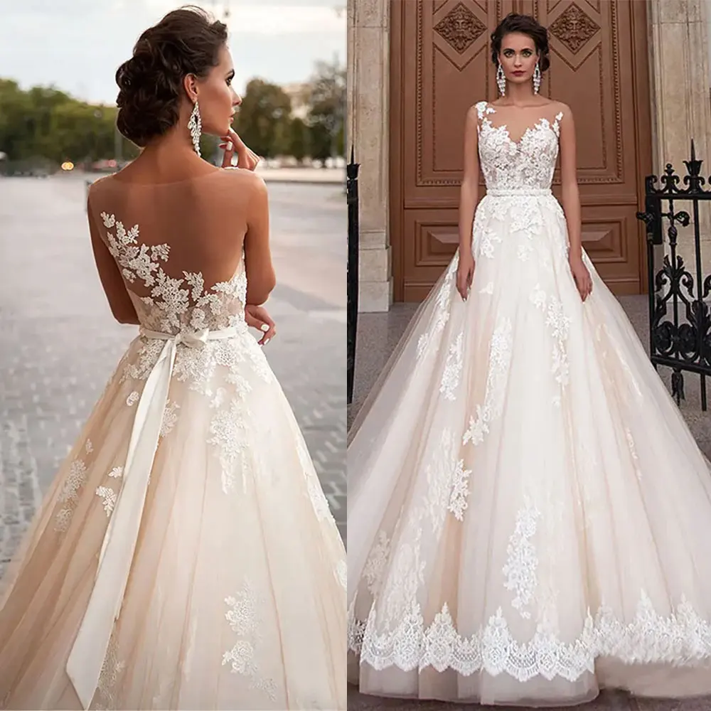 Vestidos De Casamento De Champanhe Com Laço Ilusão De Volta, Applique De Decote Pura, Cintura Cetim, Doce Vestido De Noiva