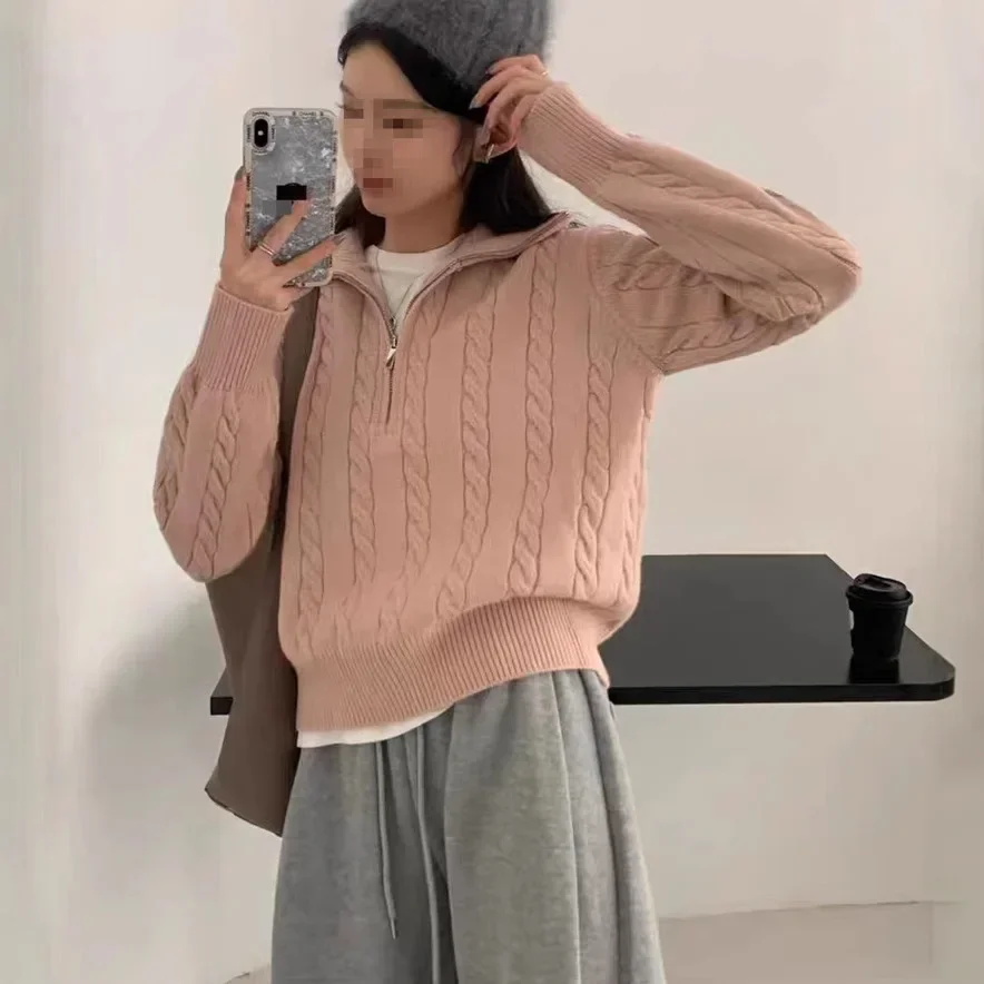 

Autumn Winter Fashion Korean Style Comfortable Polyester Retro Knitted Long Sleeve Zipper Casual Necktie Women's Top Trendy