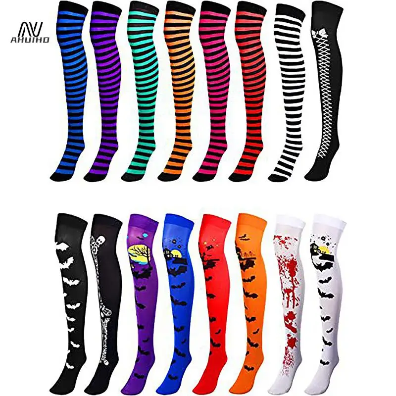 

Adult Child Women Girls Halloween Costumes Cosplay Accessories Stockings Socks Black White Stripe Clown Nun Bat Print Umorden