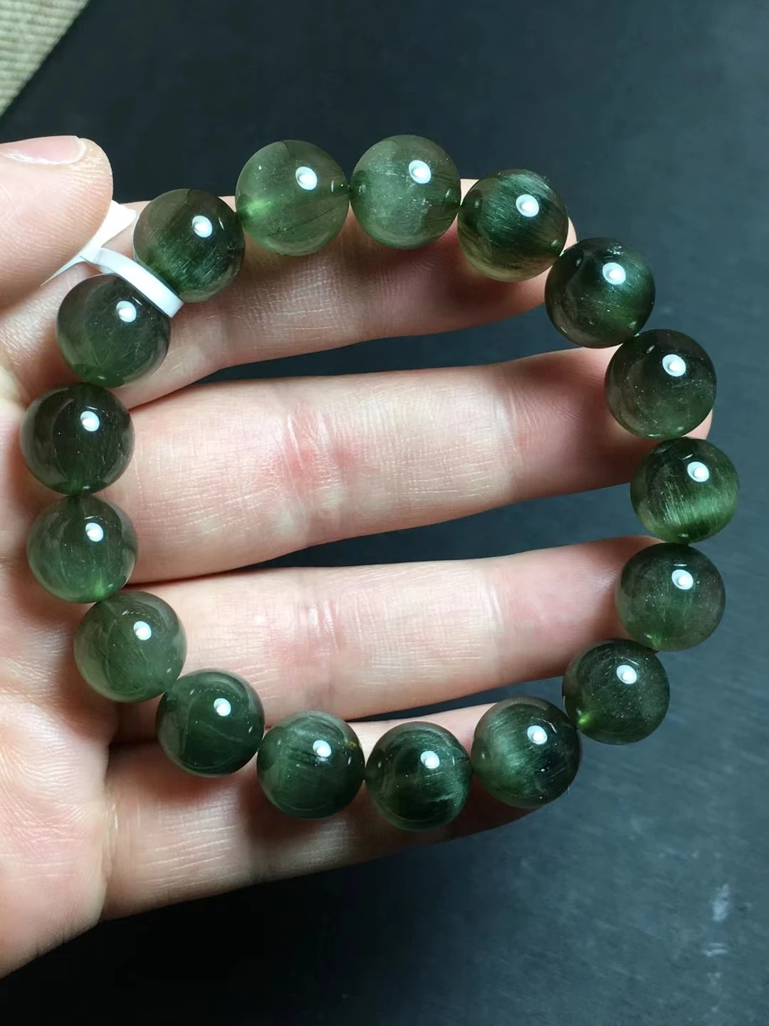 

Natural Green Rutilated Quartz Cat Eye Bracelet Brazil 11.8mm Stretch Crystal Fashion Round Beads AAAAA