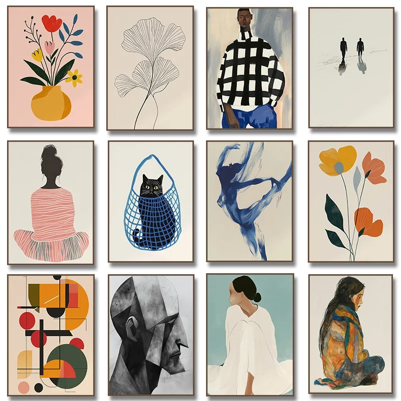 Blaue Tänzerin Silhouette Vase Blumen Abstrakte Frau Katze Blatt Zitrone Poster Druck Leinwand Malerei Minimalistische Wand Kunst Home Decor