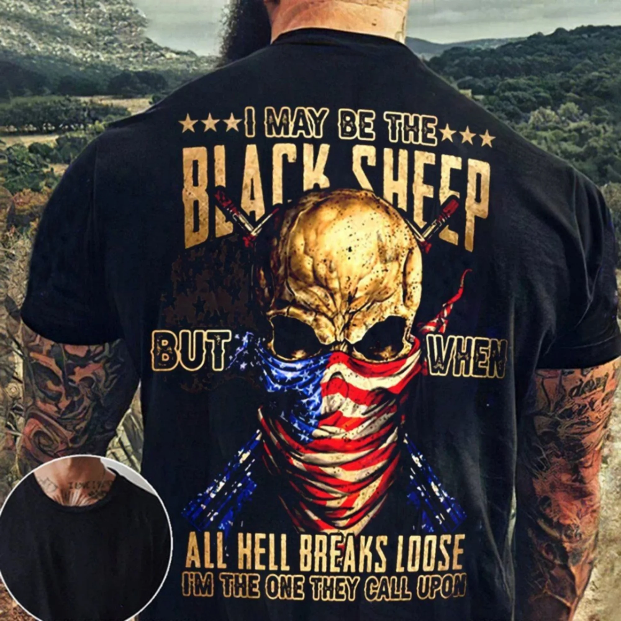 

Men's Quick-dry T-shirt Black Sheep Skull Graphic Tee Breathable Tshirt USA Flag Print Trendy Men’s Tshirt Dry Tee Black T shirt