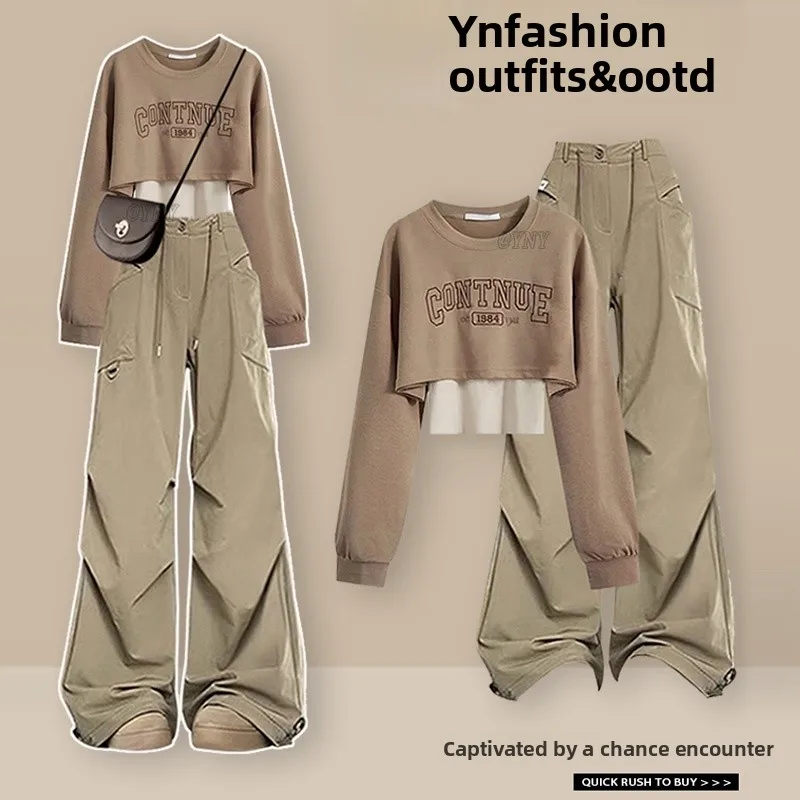 

Korean Style Short round Neck Sweatshirt And High Waist Workwear Pants Fashion Set for Early Autumn Women's Clothing